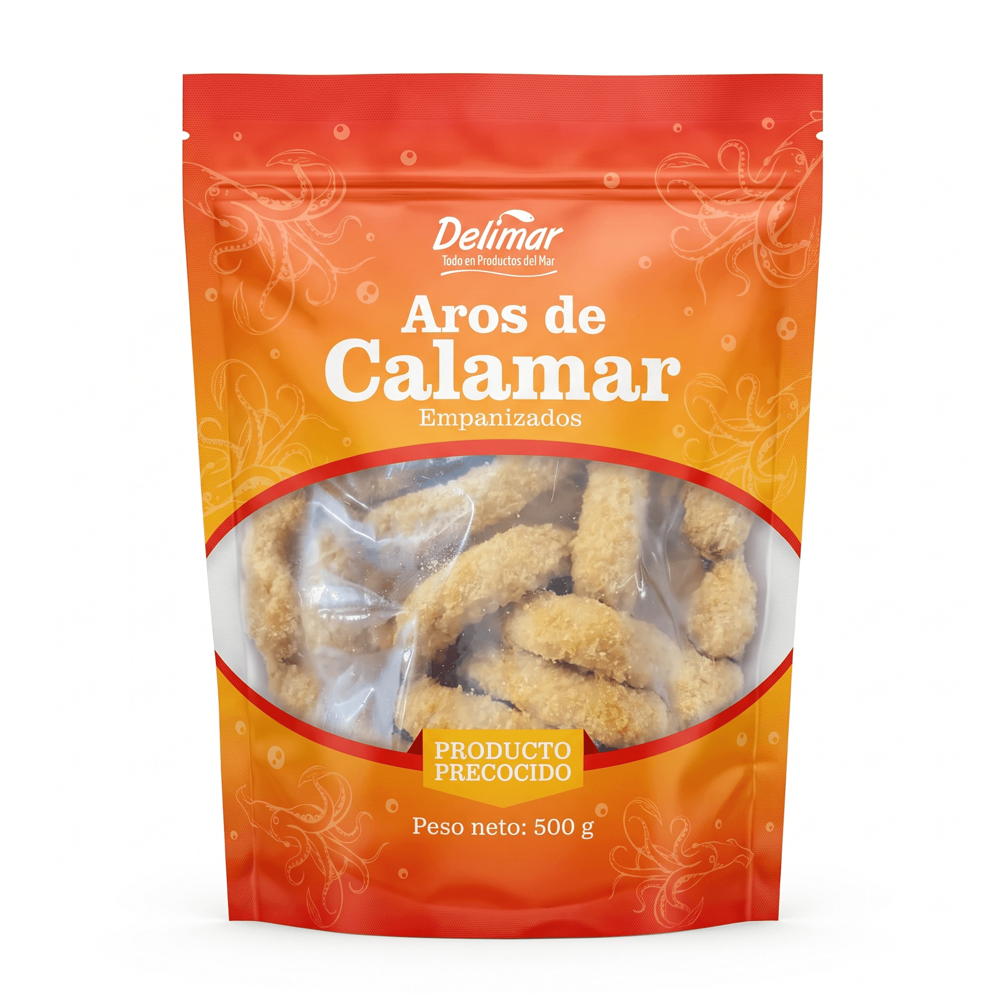 Calamar Aros Empanizados — Cong. individual, prefrito, apanado crispy, Delimar