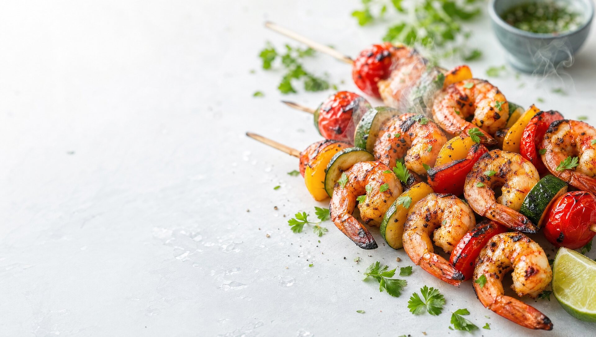 Brochetas de camarón a la parrilla con vegetales